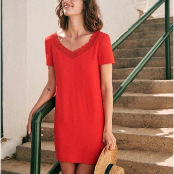 SEZANE Louisa Dress Coral Red Shift Lace Neckline {TT36} - Picture 2 of 9